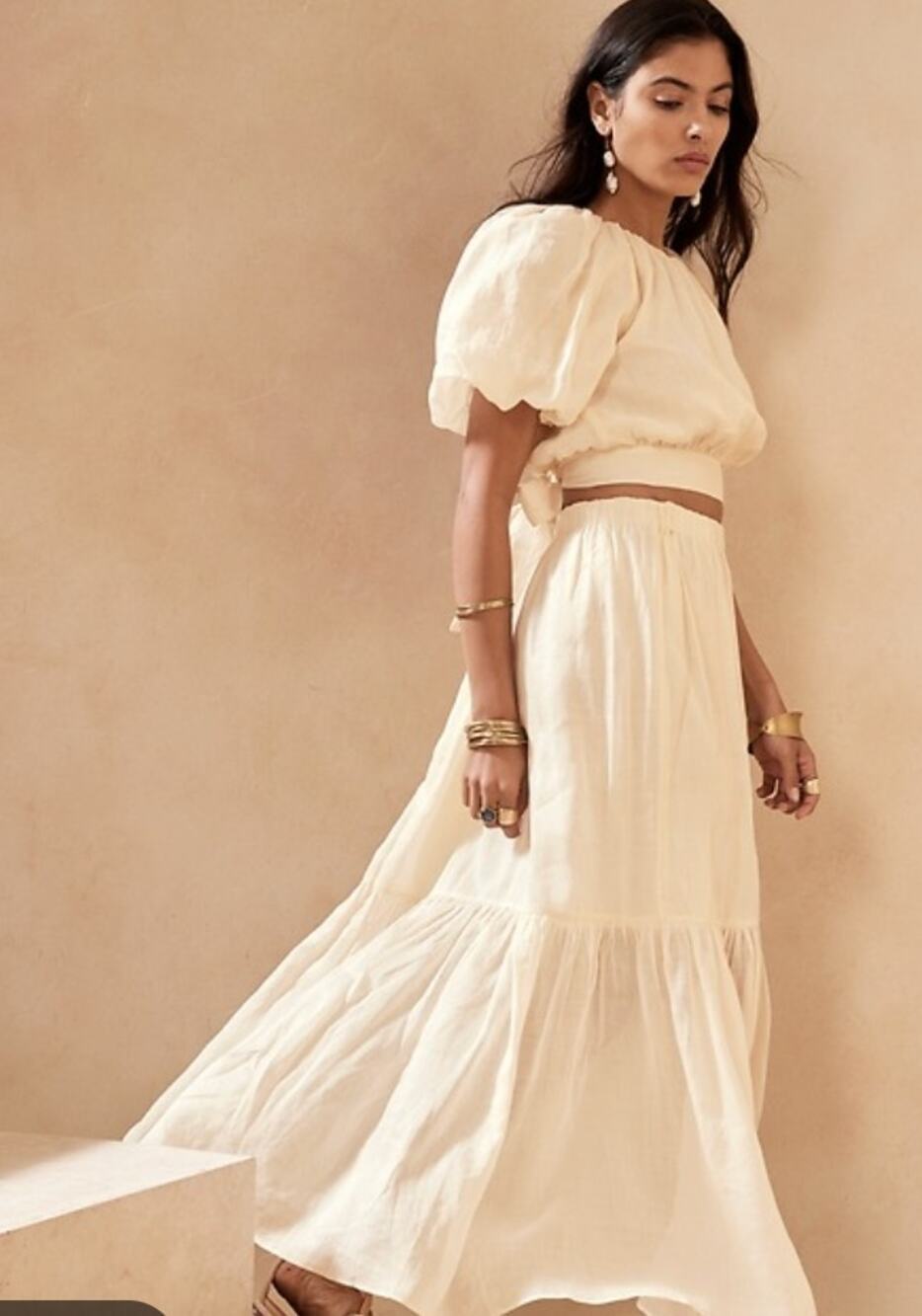 Banana Republic Ramie Maxi Skirt MP PM M Cream White Coastal Western Boho